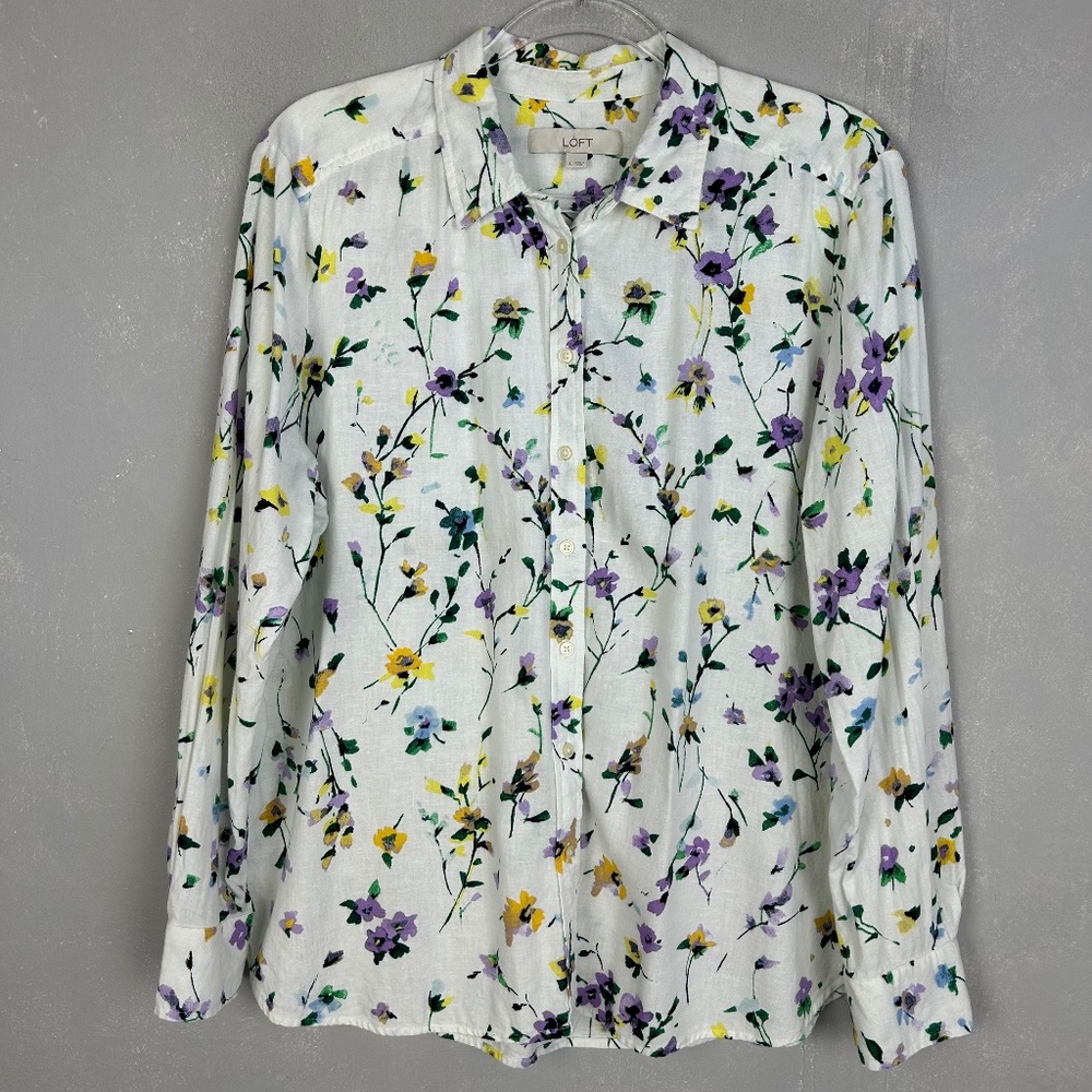LOFT size L long sleeve button up shirt white floral watercolor linen blend